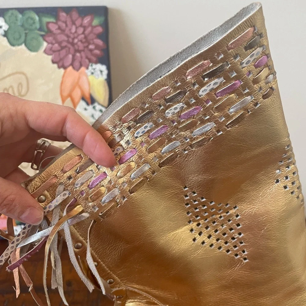 Vintage 80s Compulsion Leather Dress Gold Fringe Moccasins size 7.5M Brazil - Picture 9 of 14